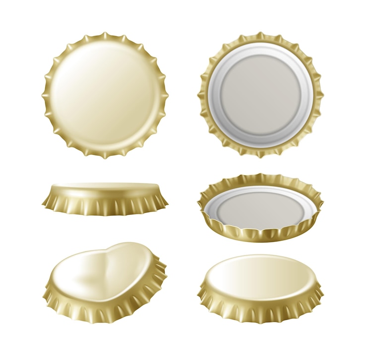 Vettore set di tappi di bottiglia realistici corona d'oro isolati su sfondo bianco. coperchio metallico per birra o limonata o bottiglia di alcol per bicchieri di raccolta di tappi per bevande. illustrazione vettoriale 3d