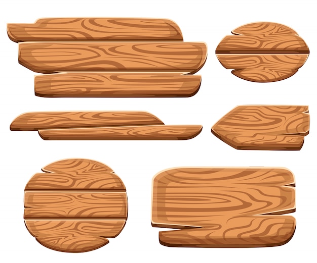 Set di targhe in legno in stile cartone animato. Collezioni di cartelli in legno. Insieme di assi della vecchia strada del segno di legno. su sfondo bianco.