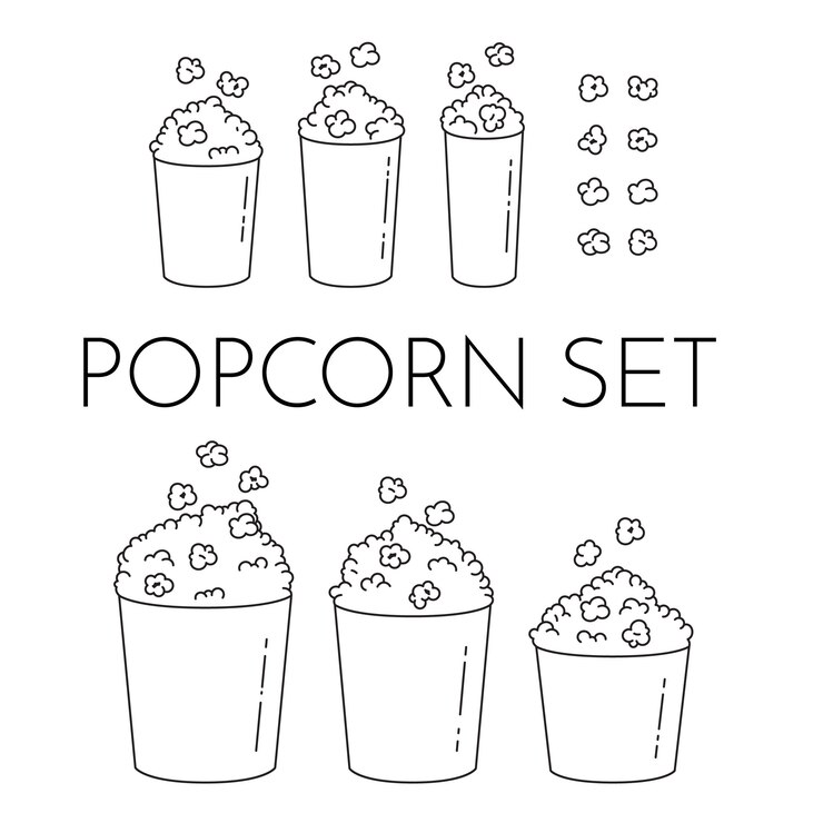 Vettore set di tazze con popcorn e gherigli che volano nel secchio. diverse dimensioni di scatole di popcorn isolato su sfondo bianco. stile di linea moderna. illustrazione vettoriale in bianco e nero elementi di contorno