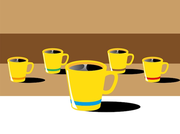Set di tazze da caffè, ciascuna con nastri colorati diversi su uno sfondo marrone bicolore, illustrazione
