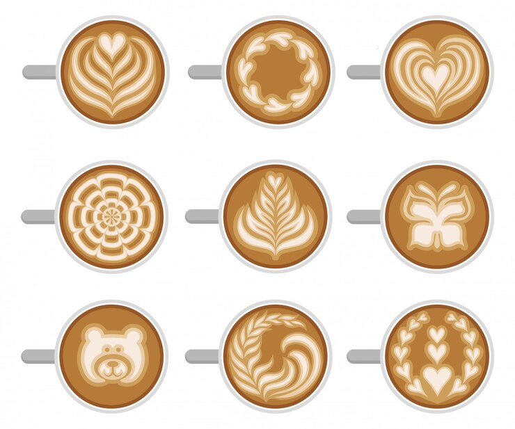Vettore set di tazze di caffè con latte art diverso, vista dall'alto. cappuccino fresco e gustoso. bevanda calda del mattino