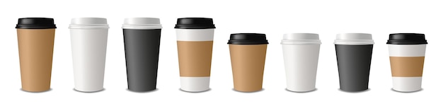 Set di tazze di caffè di carta realistiche su sfondo bianco Collezione di carta pulita vuota Tazza di caffè Mockup Mockup vettoriale 3D Vector EPS 10