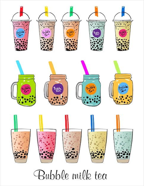 Set di tè al latte a bolle Tè al latte alla perla Diversi tipi di bevande Boba Yummy Annunci con deliziosi tapi