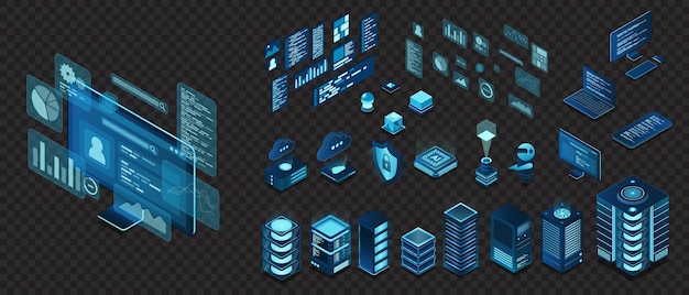 Set di tecnologia informatica isometrica Set isometrico Equipaggiamento server Tecnologia icone isometriche Elementi tecnologici digitali Illustrazione vettoriale