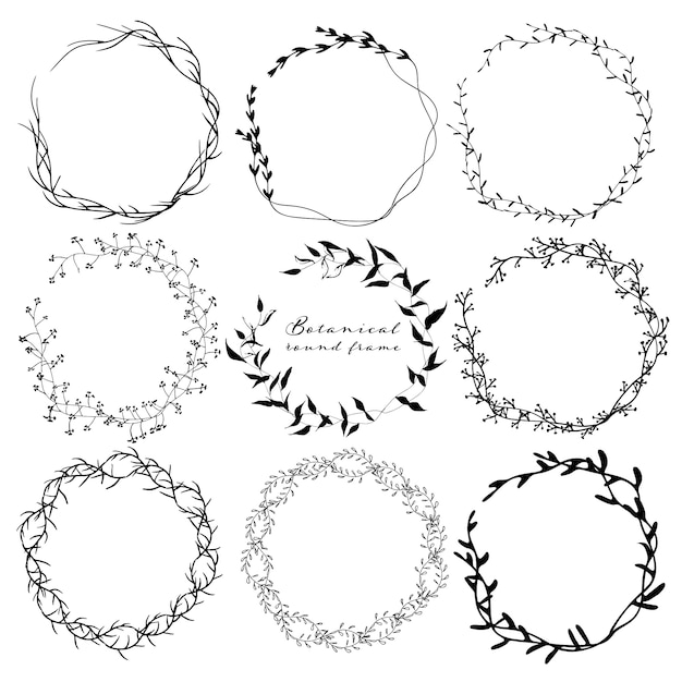 Set di telaio rotondo botanico, fiori disegnati a mano.