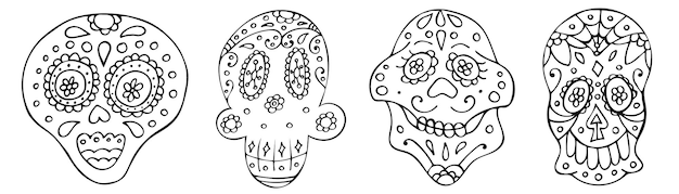 Set di teschio disegnato a mano tradizionale messicano in bianco e nero collezione di simbolo di vacanza dia de muertos in stile schizzo