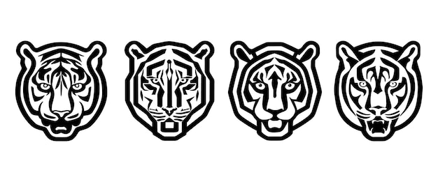 Set di teste di tigre con bocca aperta e zanne scoperte con diverse espressioni arrabbiate del muso Simboli per emblema del tatuaggio o logo isolato su sfondo bianco