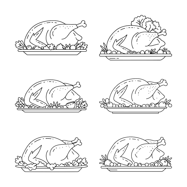 Vettore set di thanksgiving turkey line art vectors festive roast dinner illustrazioni