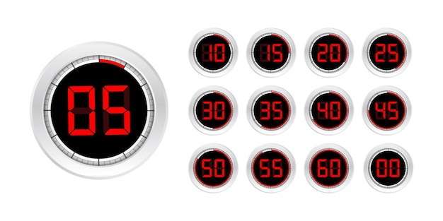 Set di timer. Icona del segno. Timer freccia a rotazione completa. Icone piatte colorate. Set di 12 icone del timer. Illustrazione di riserva di vettore di design piatto. Illustrazione vettoriale