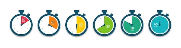 Set di timer. Icone del cronometro. Conto alla rovescia 10.20,30,40,50,60 minuti. Vettore