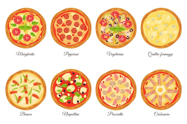 Set di tipi di pizza Diversi tipi di riempimento fast food italiano torta a pasta rotonda salsa di pomodoro formaggio verdure e carne intere pepperoni margherita e carbonara set di cartoni animati vettoriali recenti
