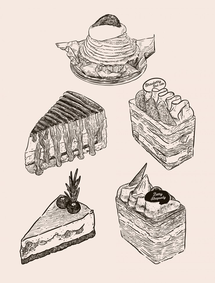 Set di torta, mont blanc, banoffee, panna fresca a strati di fragole, torta ai mirtilli e torta ai frutti di bosco. Vettore di schizzo di disegnare a mano.