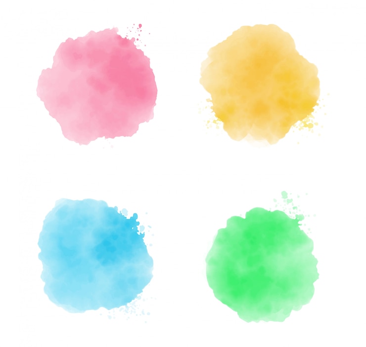 Vettore set di tratti di pittura ad acquerello, colore splash astratto, vettore effetto acquerello, struttura colorata blu, verde, rosa e giallo