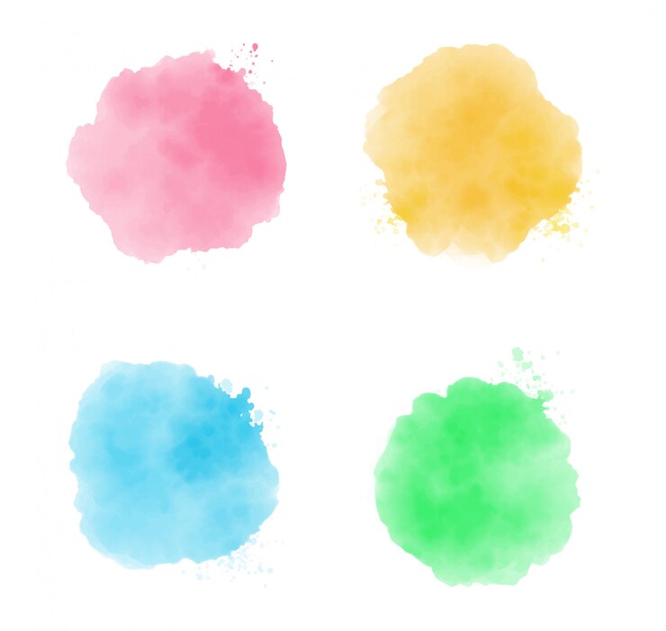 Vettore set di tratti di pittura ad acquerello, colore splash astratto, vettore effetto acquerello, struttura colorata blu, verde, rosa e giallo