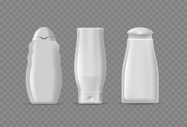 Set di tre bottiglie di shampoo bianche isolate su uno sfondo trasparente Mockup vettoriali 3D realistici
