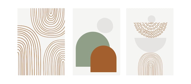 Set di tre poster pastello moderni con arcobaleni e forme geometriche astratte