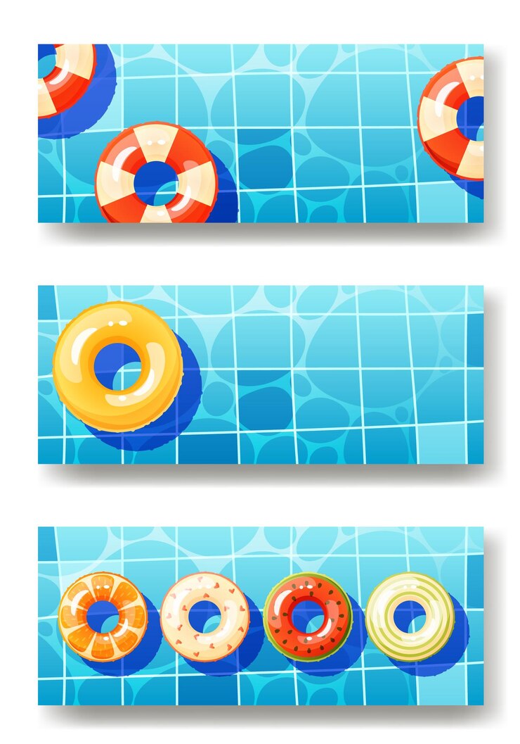 Set di tre sfondi di invito per la piscina estiva con spazio per il testo Cerchi gonfiabili multicolori che galleggiano sulla superficie dell'acqua vista superiore Lifebuoy per la piscina marina dell'oceano