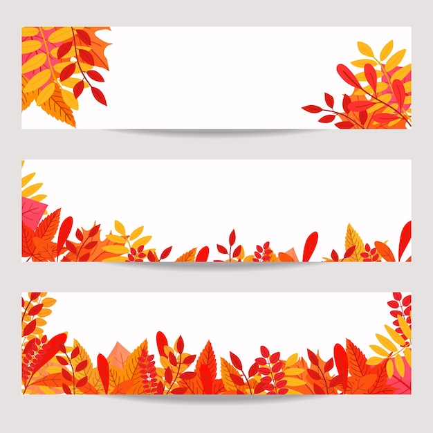 Set di tre striscioni vettoriali con foglie autunnali colorate