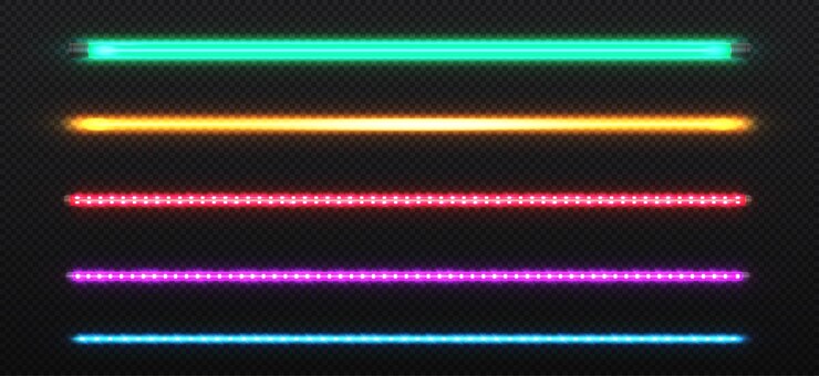 Vettore set di tubi al neon colorati strisce rgb rosse gialle blu e viola sullo spazio della copia elemento di arredamento e illuminazione per la casa collezione realistica di vettori al neon isolata su sfondo trasparente