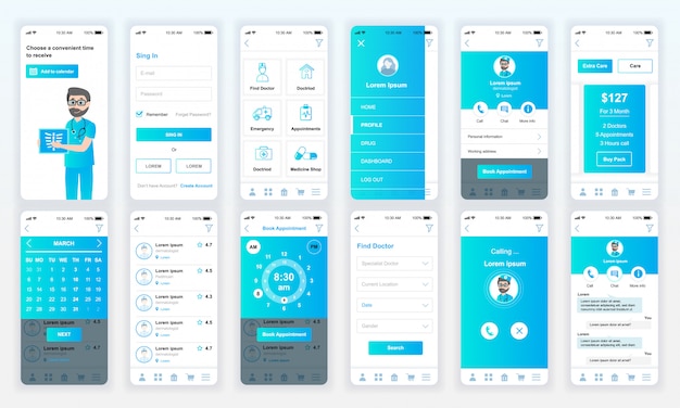 Set di UI, UX, schermate GUI App di medicina piatta