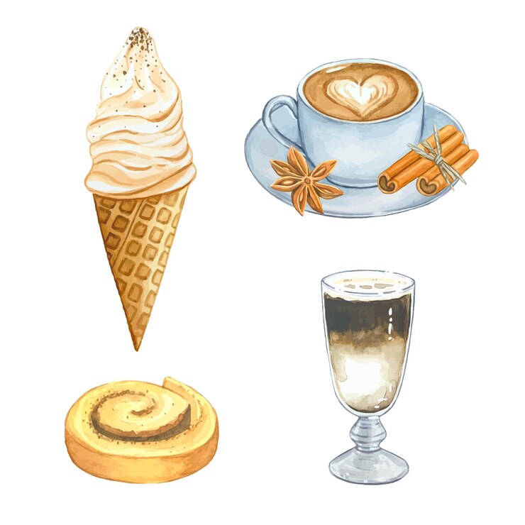 Set di una tazza di pasticcini gelato al caffè e un acquerello di bevanda al caffè