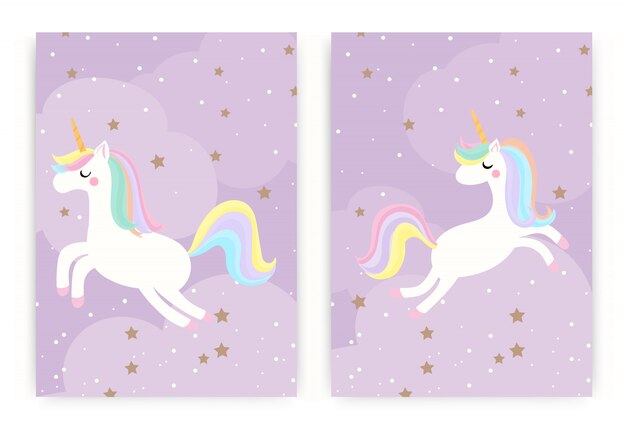Set di unicorno carino magico volare nel cielo con stelle su sfondo viola.