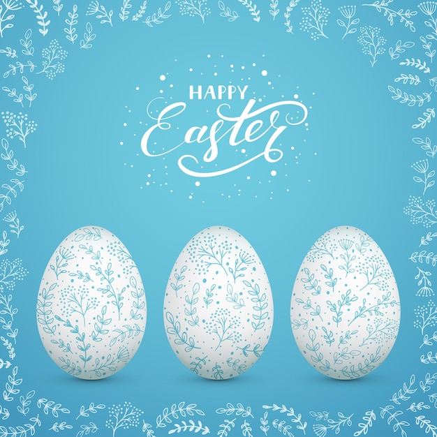 Set di uova di Pasqua con motivi decorativi floreali, su sfondo blu con elementi decorati. Lettering Buona Pasqua, illustrazione.