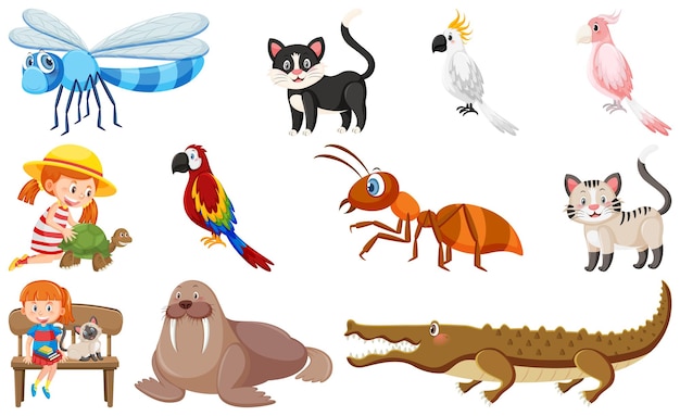 Set di vari animali selvatici in stile cartone animato