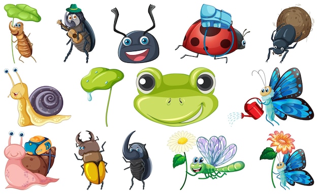 Set di vari cartoni animati di insetti e anfibi