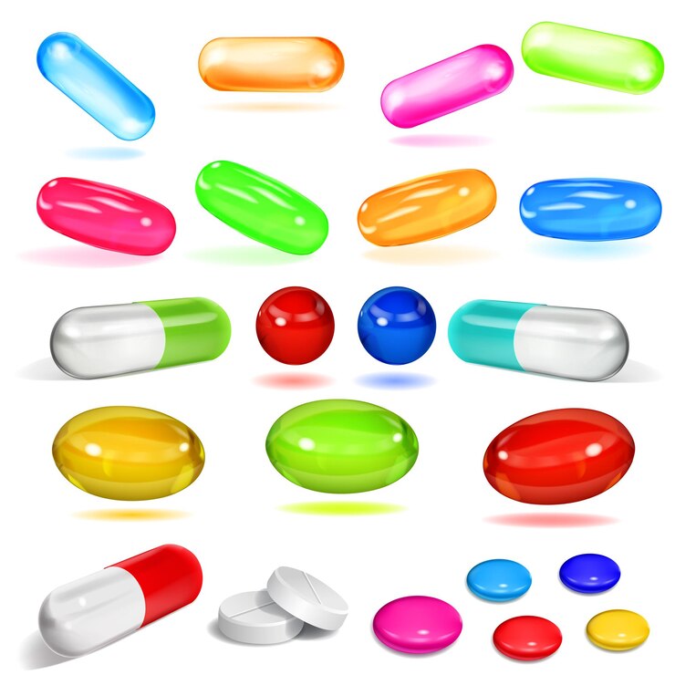 Vettore set di varie capsule e pillole multicolori opache su sfondo bianco