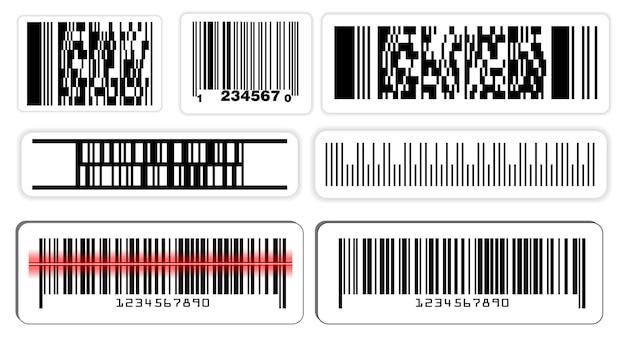 Set di varie etichette con codici a barre o scansioni di codici a barre per supermercati o etichette adesive per barre dei prezzi al dettaglio.