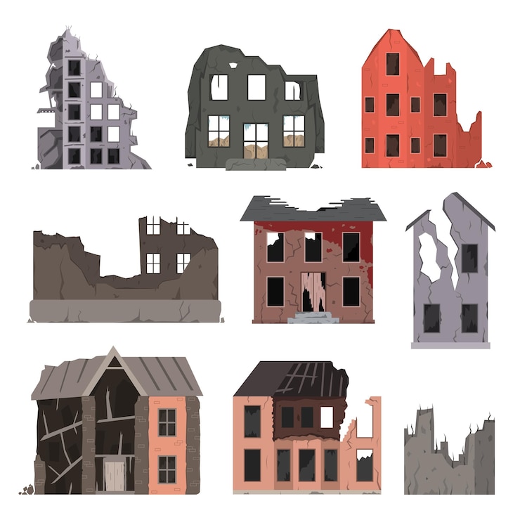 Vettore set di vecchi edifici abbandonati e crollati in rovina case di appartamenti danneggiate da guerre o terremoti illustrazione vettoriale dell'apocalisse clipart per il concetto di crollo del disastro
