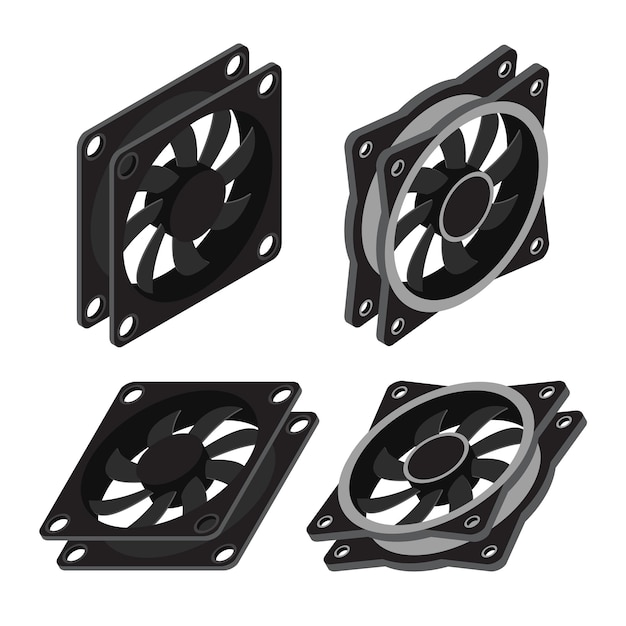 Set di ventilatore isometrico per computer Raffreddatore per ventilatore per computer Isometria per ventilatore di custodia per PC Componenti hardware per computer Illustrazione vettoriale