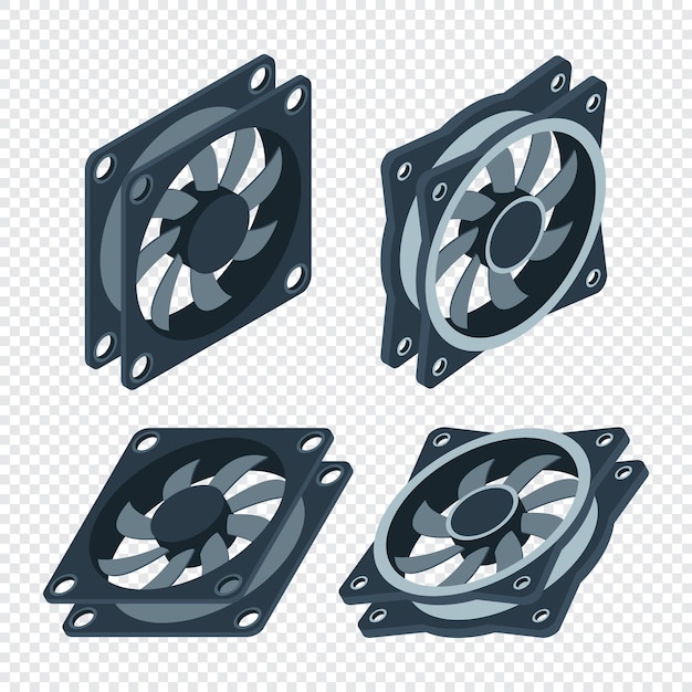 Set di ventilatore isometrico per computer Raffreddatore per ventilatore per computer Isometria per ventilatore di custodia per PC Componenti hardware per computer Illustrazione vettoriale