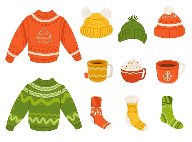 Set di vestiti e tazze da inverno a maglia Elementi invernali accoglienti Illustrazione vettoriale in stile piatto