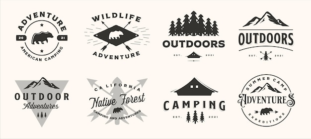 Set di vettore avventura montagna outdoor vintage logo simbolo illustrazione design, raccolta bundle di varie icone della fauna selvatica