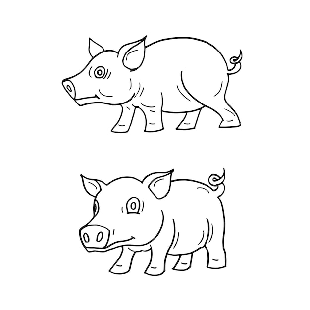 Set di vettore di illustrazione di schizzi disegnati a mano di cartoni animati di maiali