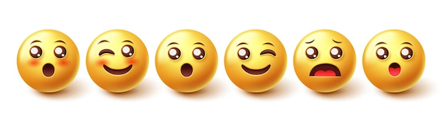 Set di vettori di caratteri Emoji Emoticon Emoji 3d felici arrossendo e sorpresi in facce gialle