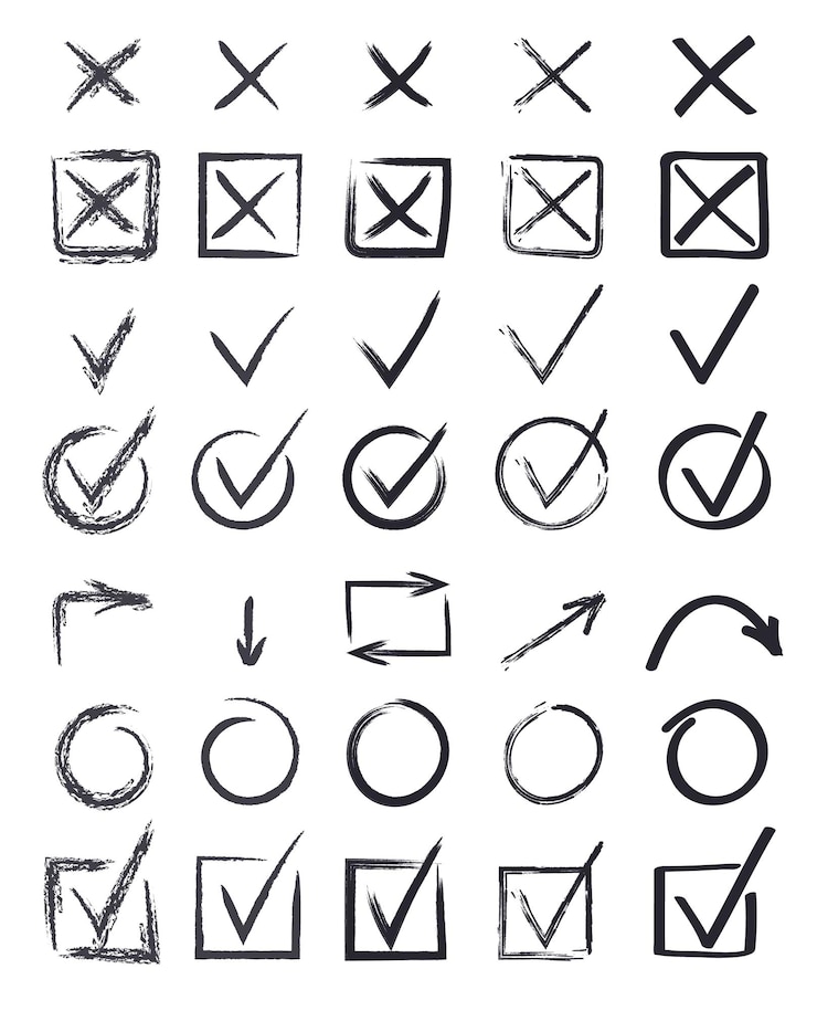 Vettore set di vettori di segni di spunta e di croce segni di pennello a croce marcatore icone ok e x in stile disegnato a mano super segno di spunta disegnato a mano pulsante sì e no