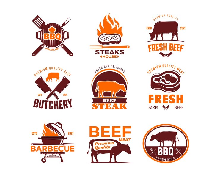 Set di vintage retrò barbecue grill barbecue barbecue logo