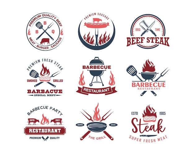 Set di vintage retrò barbecue grill barbecue barbecue logo