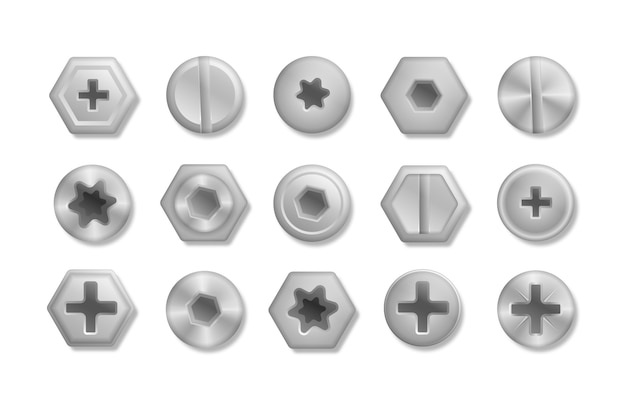 Set di viti e bulloni lucidi metallici da utilizzare nei tuoi. Raccolta di diverse teste di bulloni, viti, chiodi, rivetti. Vista dall'alto. Elementi decorativi per il tuo. illustrazione.