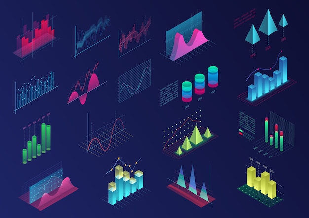 Set di vivaci elementi infografici colorati per la progettazione dell'interfaccia utente, grafica di presentazione, statistiche dei dati. Diagramma luminoso isometrico 3D