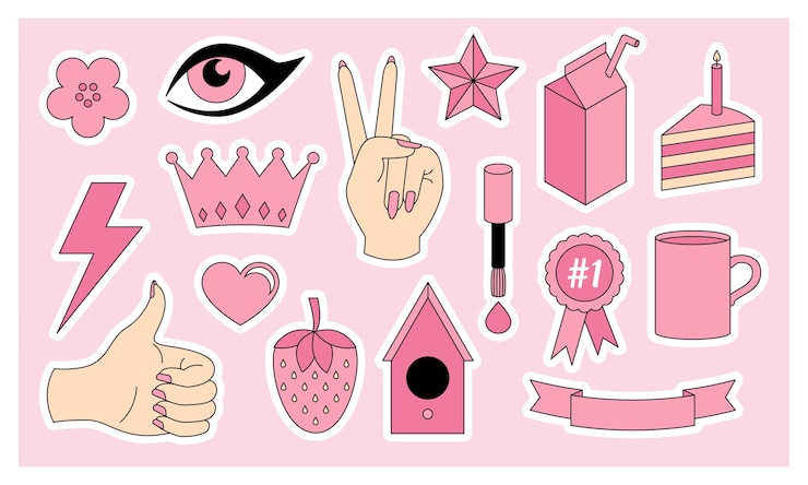 Vettore set di vivaci illustrazioni rosa di adesivi alla moda e icone di vari simboli femminili ed in moderno stile da ragazza