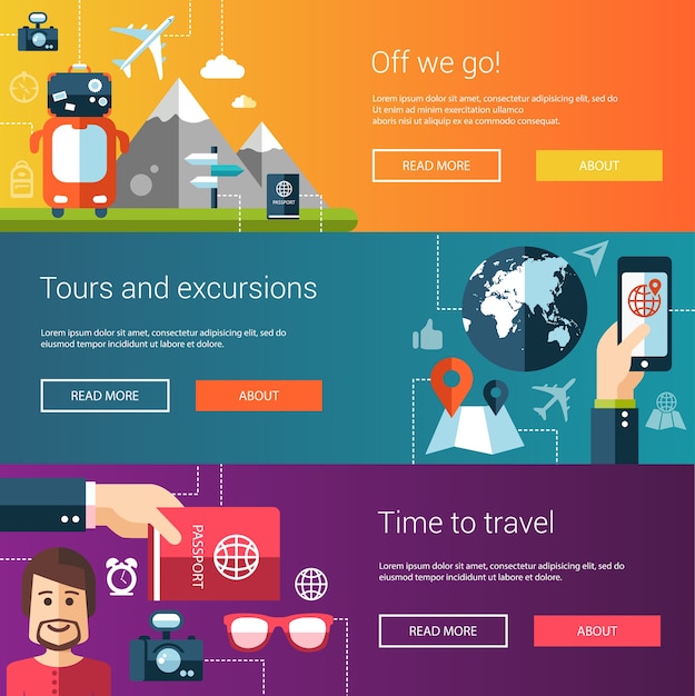 Set di volantini design piatto e intestazioni di viaggio