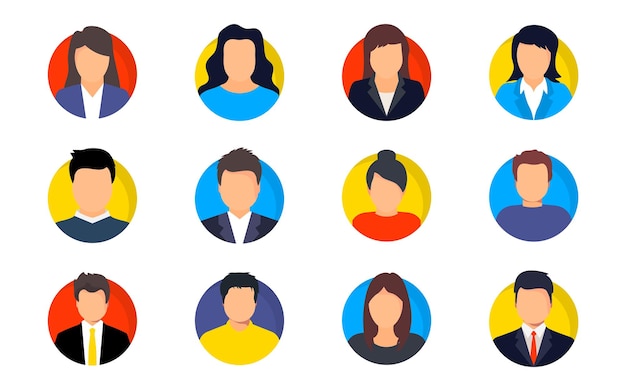Set di volti di avatar di persone. Profilo avatar uomo e donna. Diverse icone del volto umano per videogiochi, forum Internet, account. Immagine dell'utente, icone del viso, immagine per rappresentare l'utente online nella rete sociale