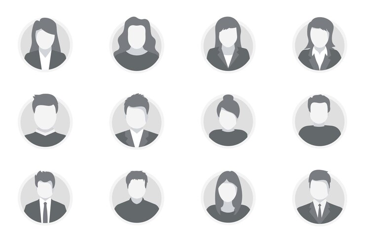 Set di volti di avatar di persone. Profilo avatar uomo e donna. Diverse icone del volto umano per videogiochi, forum Internet, account. Immagine dell'utente, icone del viso, immagine per rappresentare l'utente online nella rete sociale