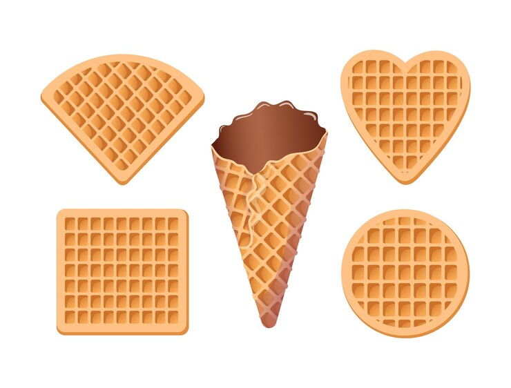 Vettore set di waffle viennesi, cono di cioccolato, dolci deliziosi e croccanti, dolci morbidi, cibo vettoriale realistico e isolato.