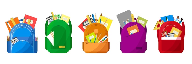 Vettore set di zaini scolastici borse scolastiche con libri, rifornimenti, libri di testo, quaderni, penne, matite, vernici