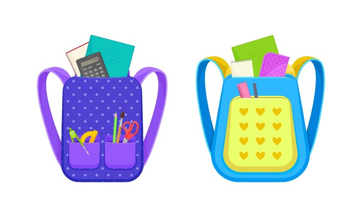 Vettore set di zaini scolastici borse scolastiche piene di articoli di cancelleria illustrazione vettoriale del concetto di ritorno a scuola